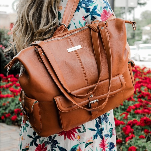 LILY AND JADE BROWN LEATHER MEGGAN CONVERTIBLE TOTE DIAPER BAG BACKPACK - Picture 1 of 16